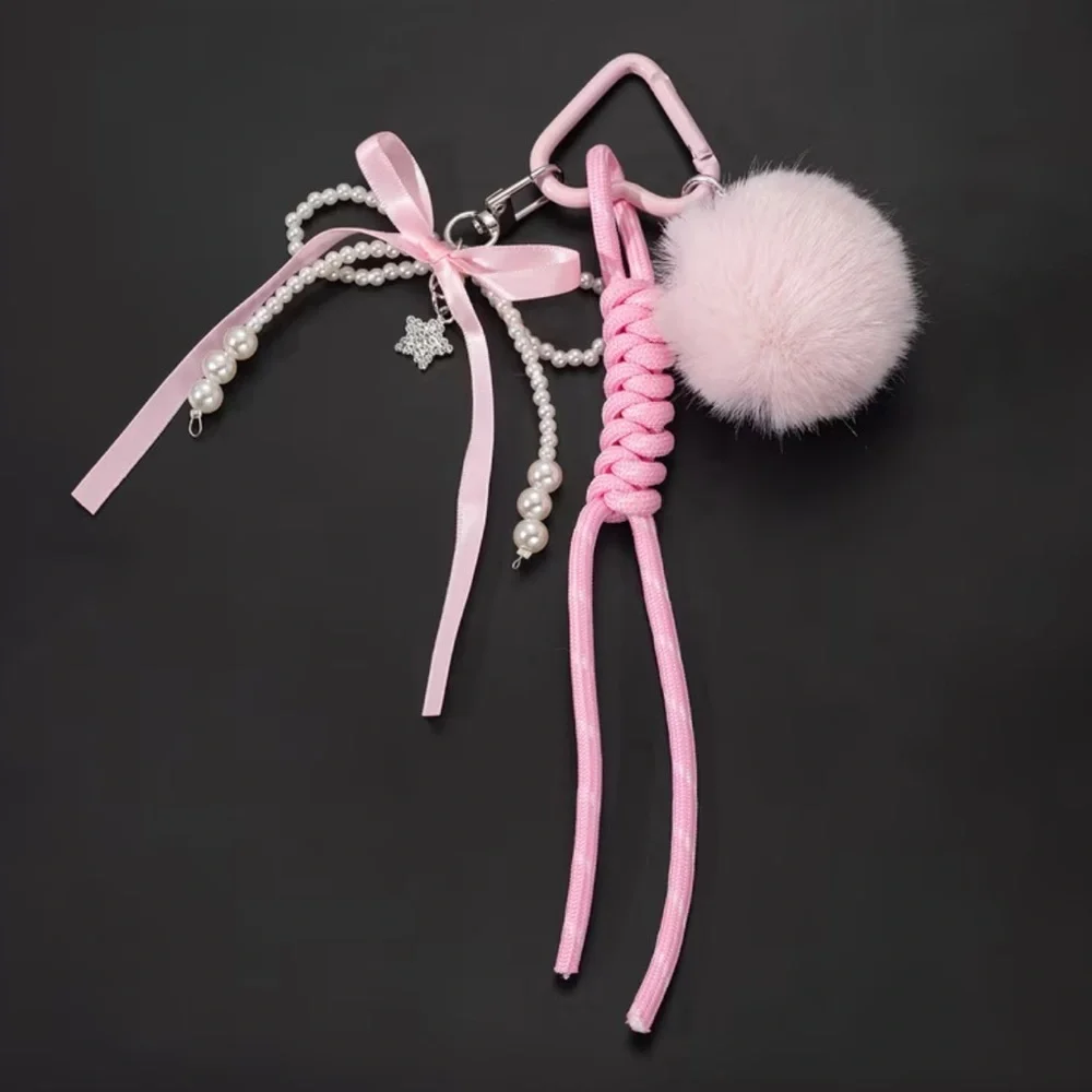 NEW Elegant Pink Fur Keychain with Pom Pom and Bow Pearls